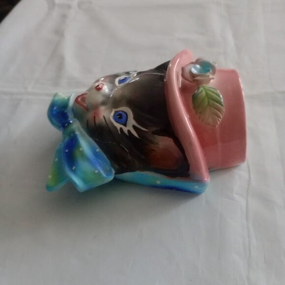 Norcrest Gray Kitty Cat Blue Bow Wall Pocket 1950s Japan Planter BROKEN FLAWED - Picture 7 of 9